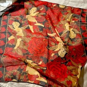 New Vintage Red and Black Sheer Scarf with Cherub and Rose Design 19”x19”